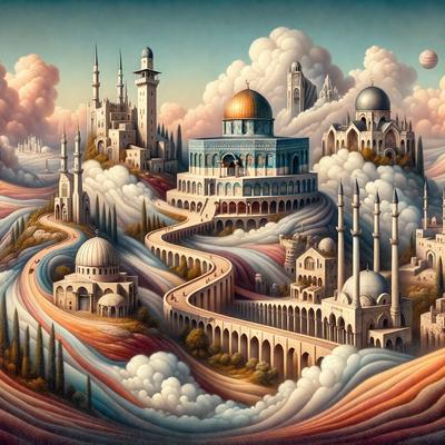 The primary subject of the image is a painting of a city with a large tower and a dome. The setting is a cloudy sky, and the visual style is an illustration. The colors and mood of the painting are predominantly white and blue, giving it a serene and peaceful atmosphere.